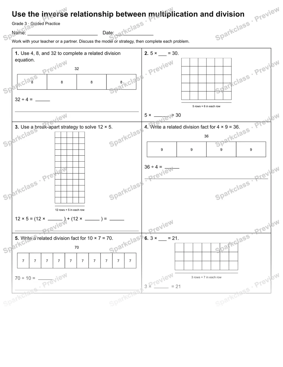 Use the inverse relationship between multiplication and division — Guided Practice — Grade 3 worksheet preview