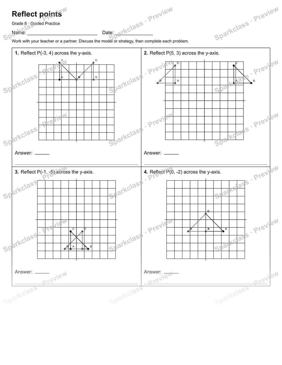 Reflect points — Guided Practice — Grade 8 worksheet preview