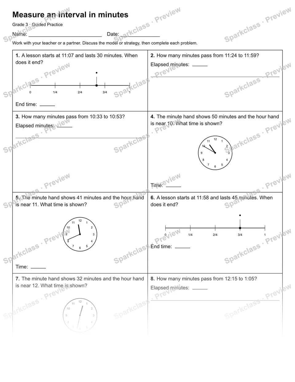 Measure an interval in minutes — Guided Practice — Grade 3 worksheet preview