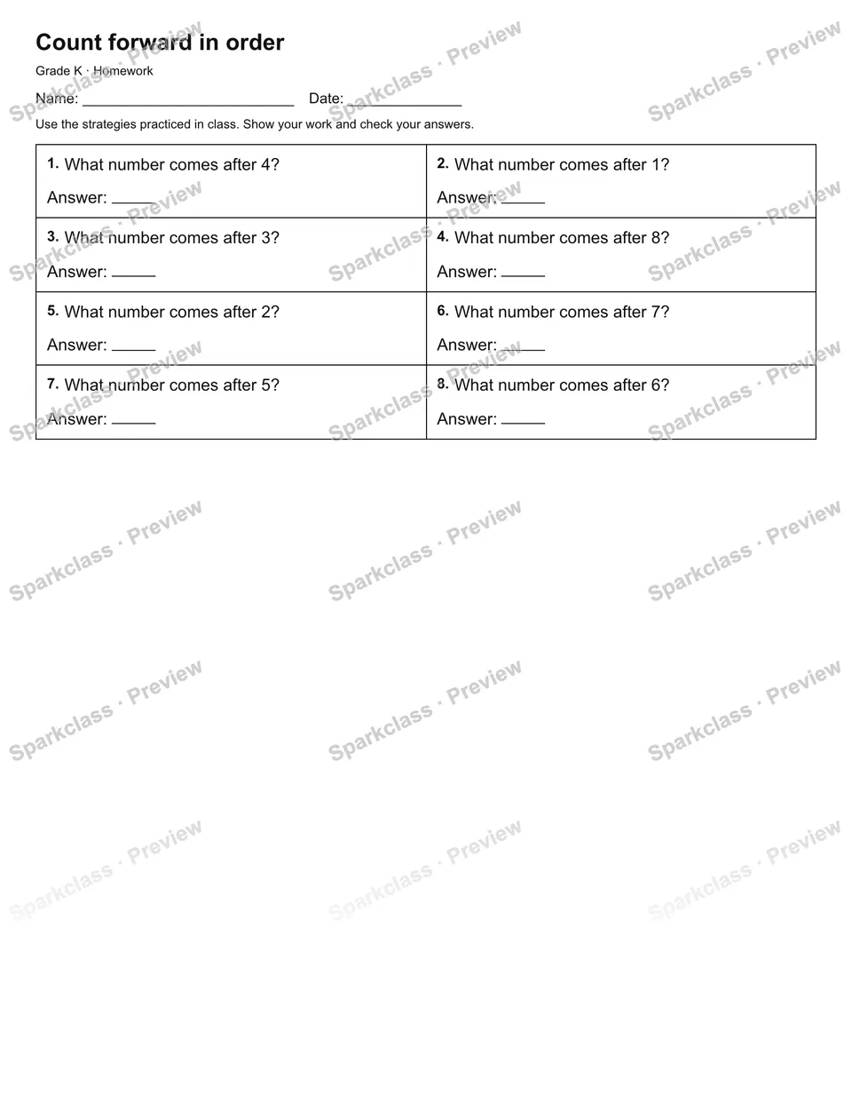 Count forward in order — Homework — Kindergarten worksheet preview