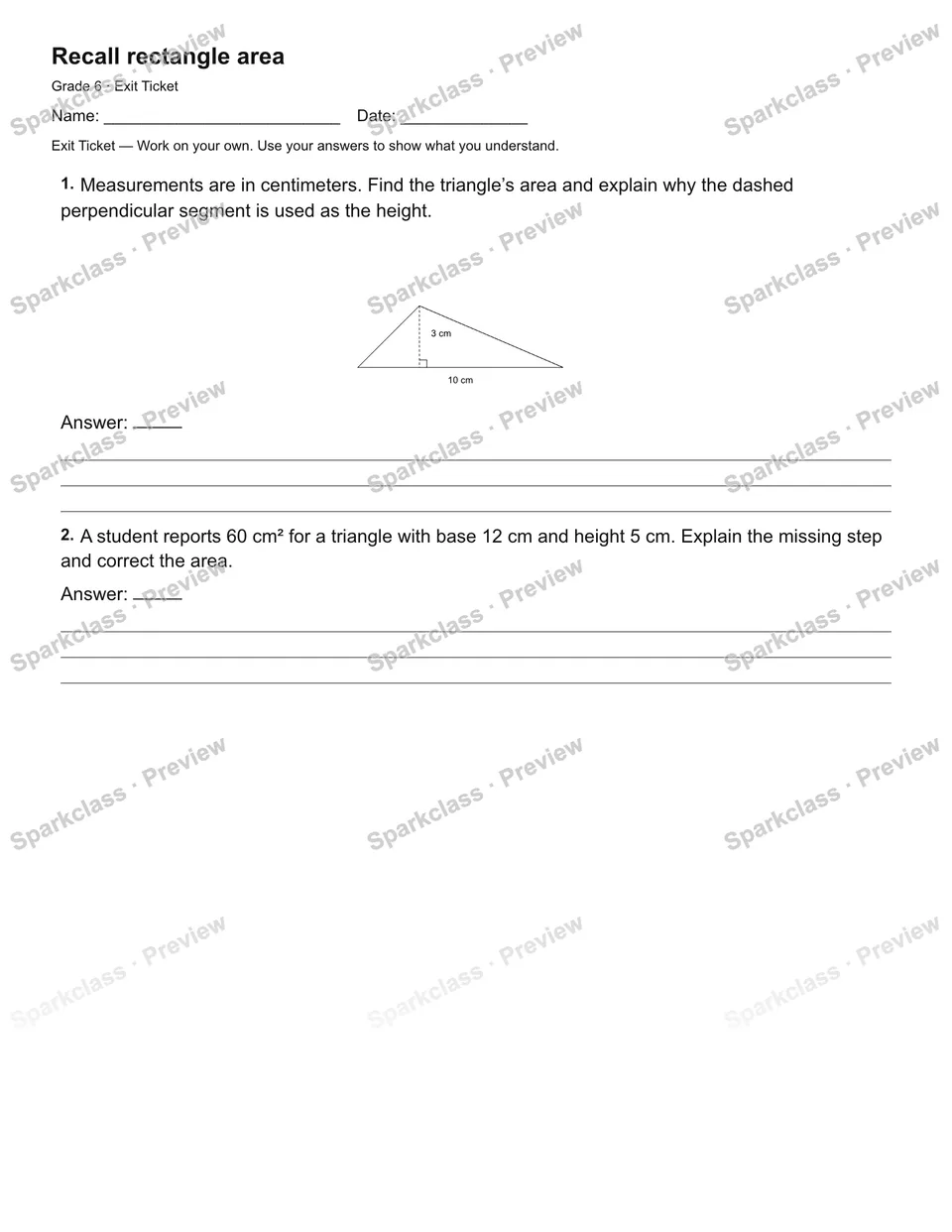 Recall rectangle area — Exit Ticket — Grade 6 worksheet preview