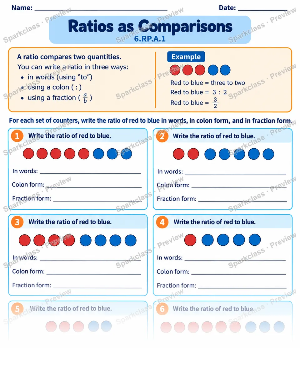 Ratios As Comparisons — Grade 6 worksheet preview