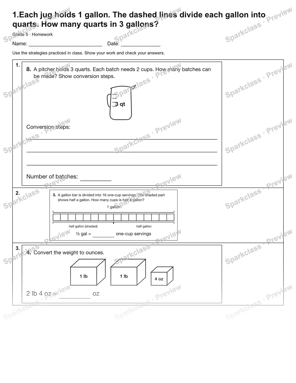 1.Each jug holds 1 gallon. The dashed lines divide each gallon into quarts. How many quarts in 3 gallons? — Homework — Grade 5 worksheet preview