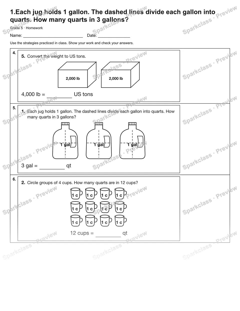 1.Each jug holds 1 gallon. The dashed lines divide each gallon into quarts. How many quarts in 3 gallons? — Homework — page 2