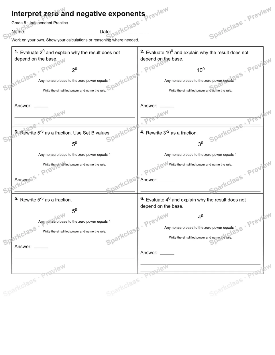 Interpret zero and negative exponents — Independent Practice — Grade 8 worksheet preview