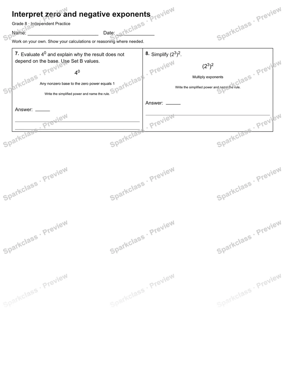Interpret zero and negative exponents — Independent Practice — page 2