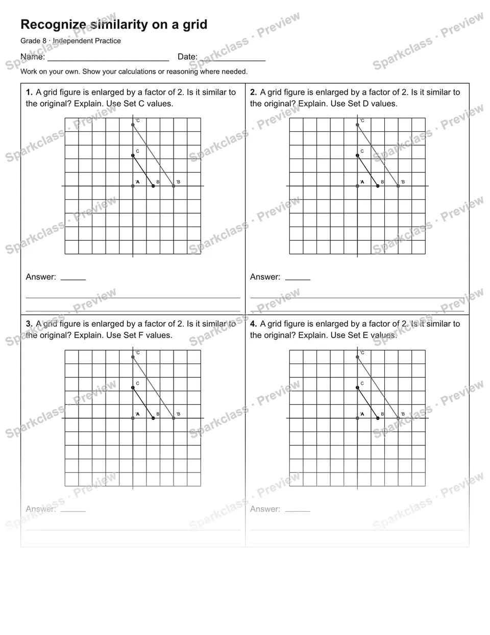 Recognize similarity on a grid — Independent Practice — Grade 8 worksheet preview