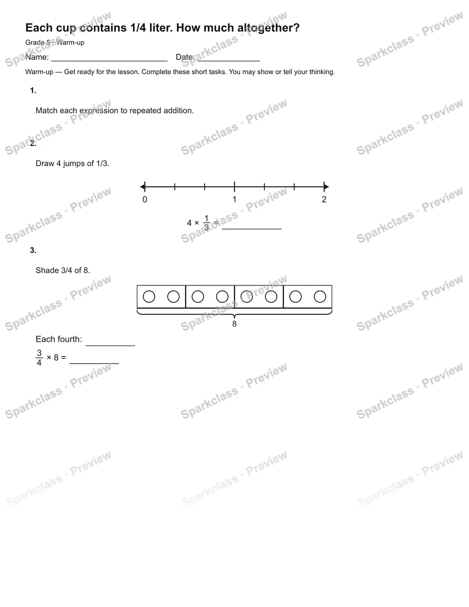 Each cup contains 1/4 liter. How much altogether? — Warm-up — Grade 5 worksheet preview