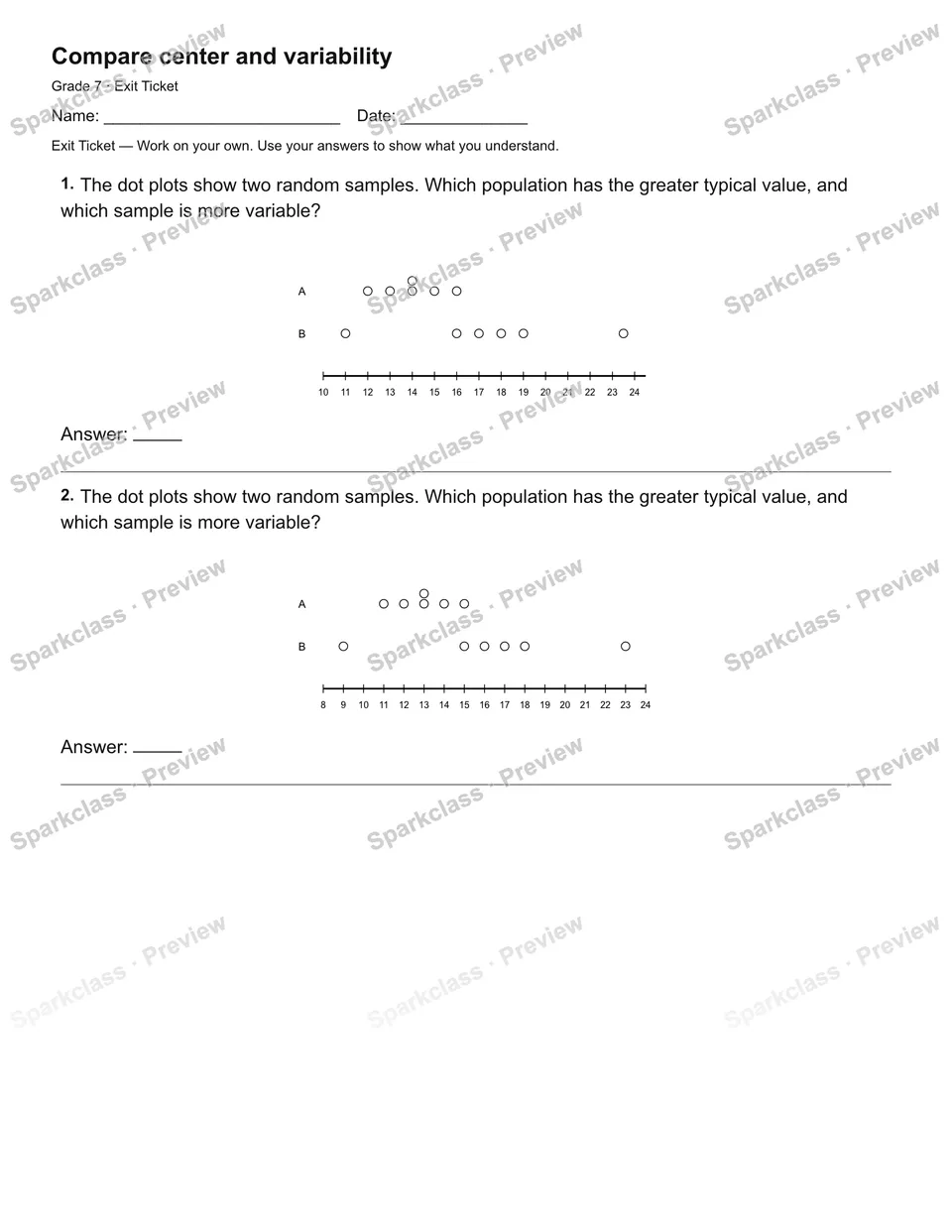 Compare center and variability — Exit Ticket — Grade 7 worksheet preview