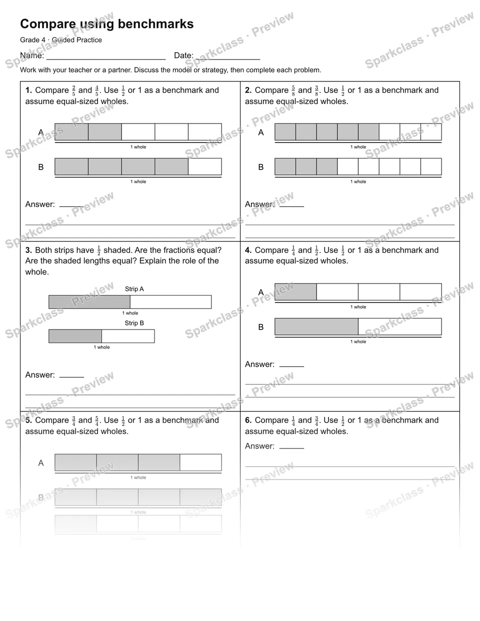 Compare using benchmarks — Guided Practice — Grade 4 worksheet preview