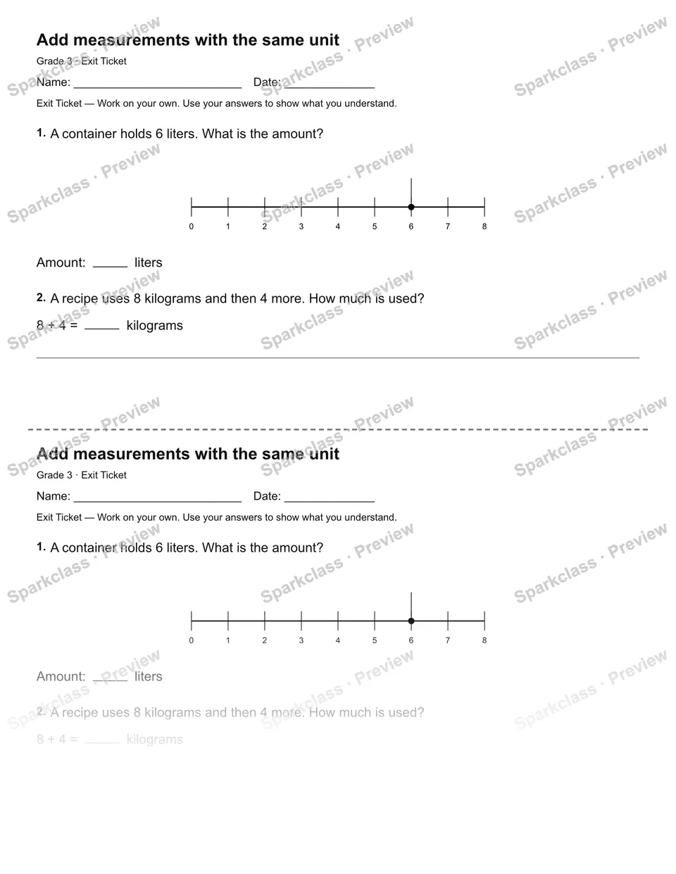 Add measurements with the same unit — Exit Ticket — Grade 3 worksheet preview