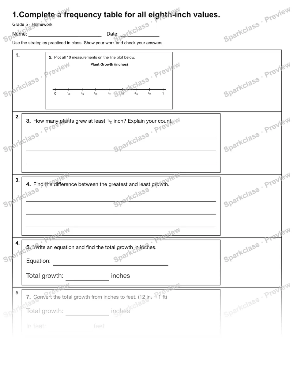 1.Complete a frequency table for all eighth-inch values. — Homework — Grade 5 worksheet preview