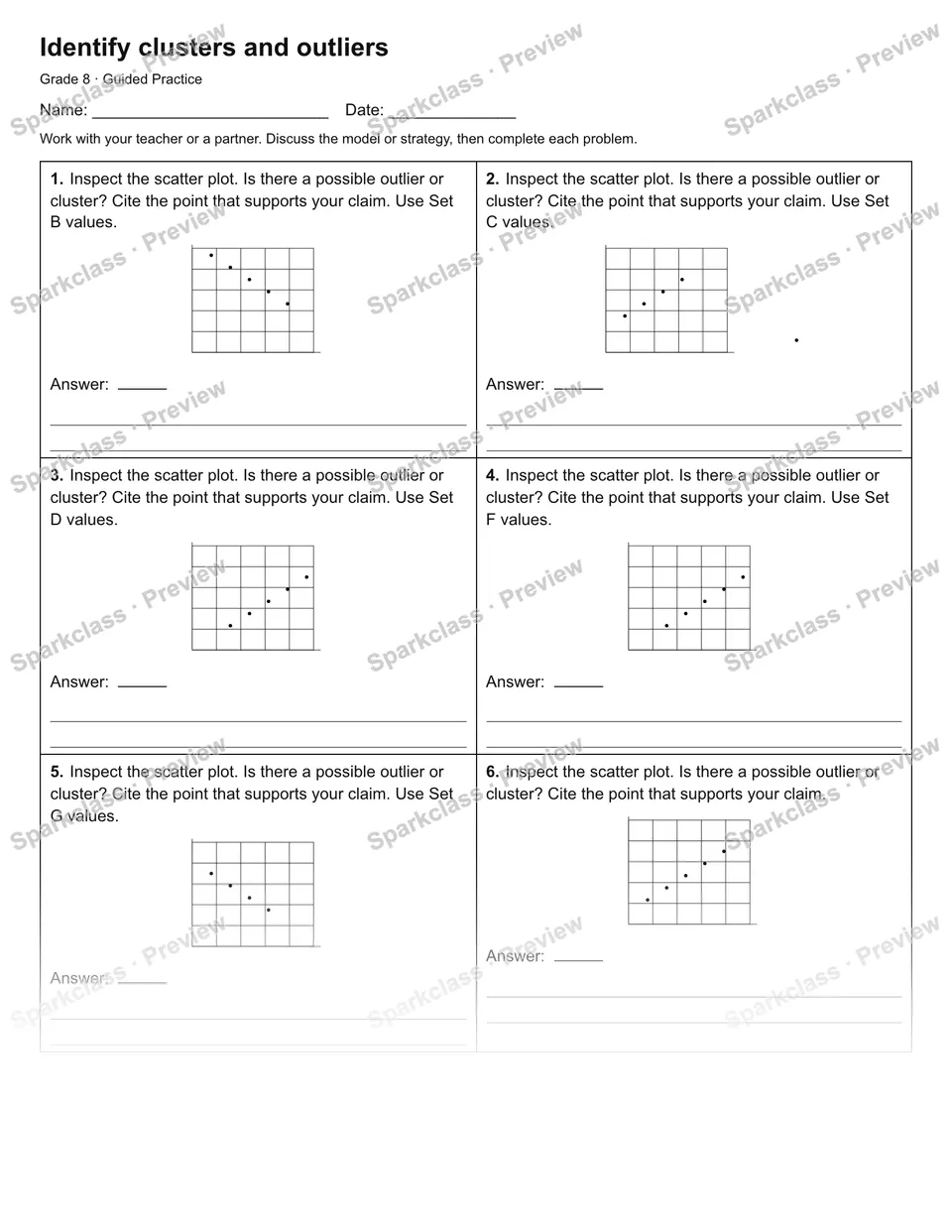 Identify clusters and outliers — Guided Practice — Grade 8 worksheet preview