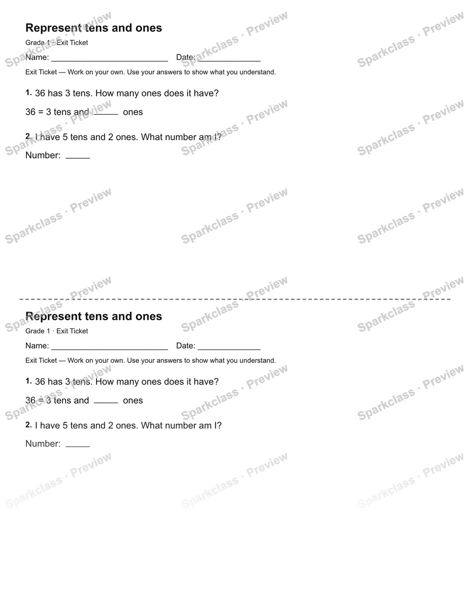 Represent tens and ones — Exit Ticket — Grade 1 worksheet preview