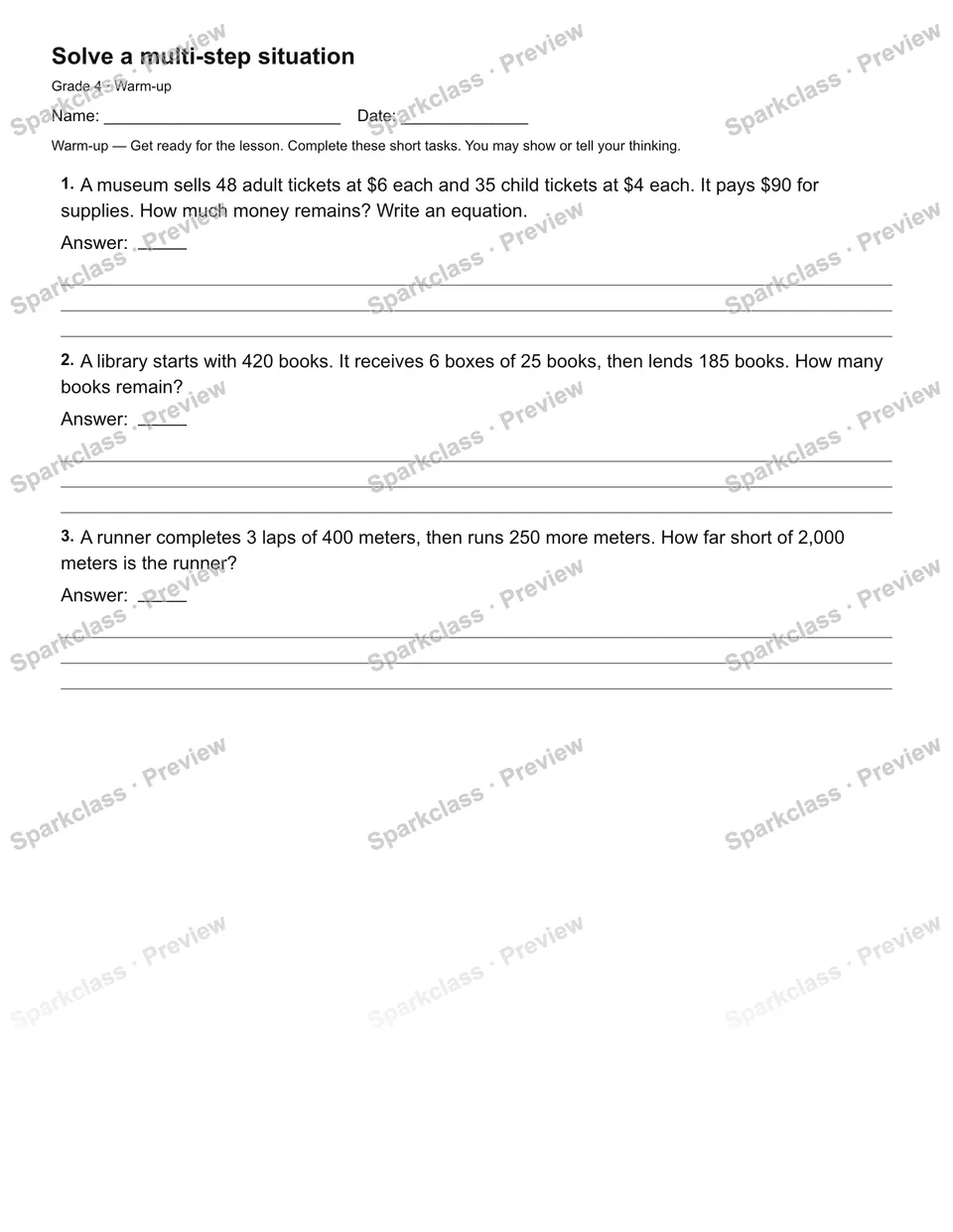 Solve a multi-step situation — Warm-up — Grade 4 worksheet preview