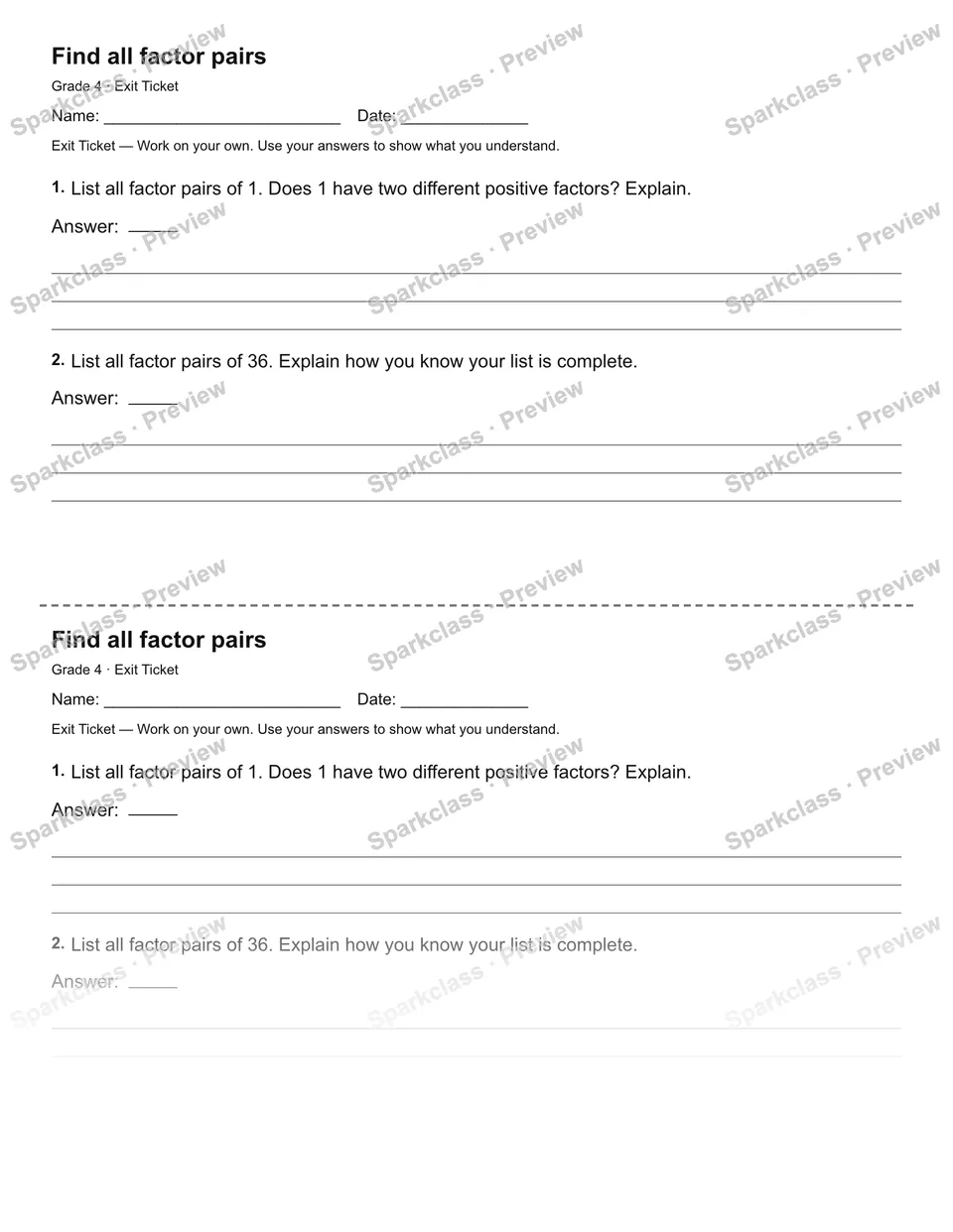 Find all factor pairs — Exit Ticket — Grade 4 worksheet preview