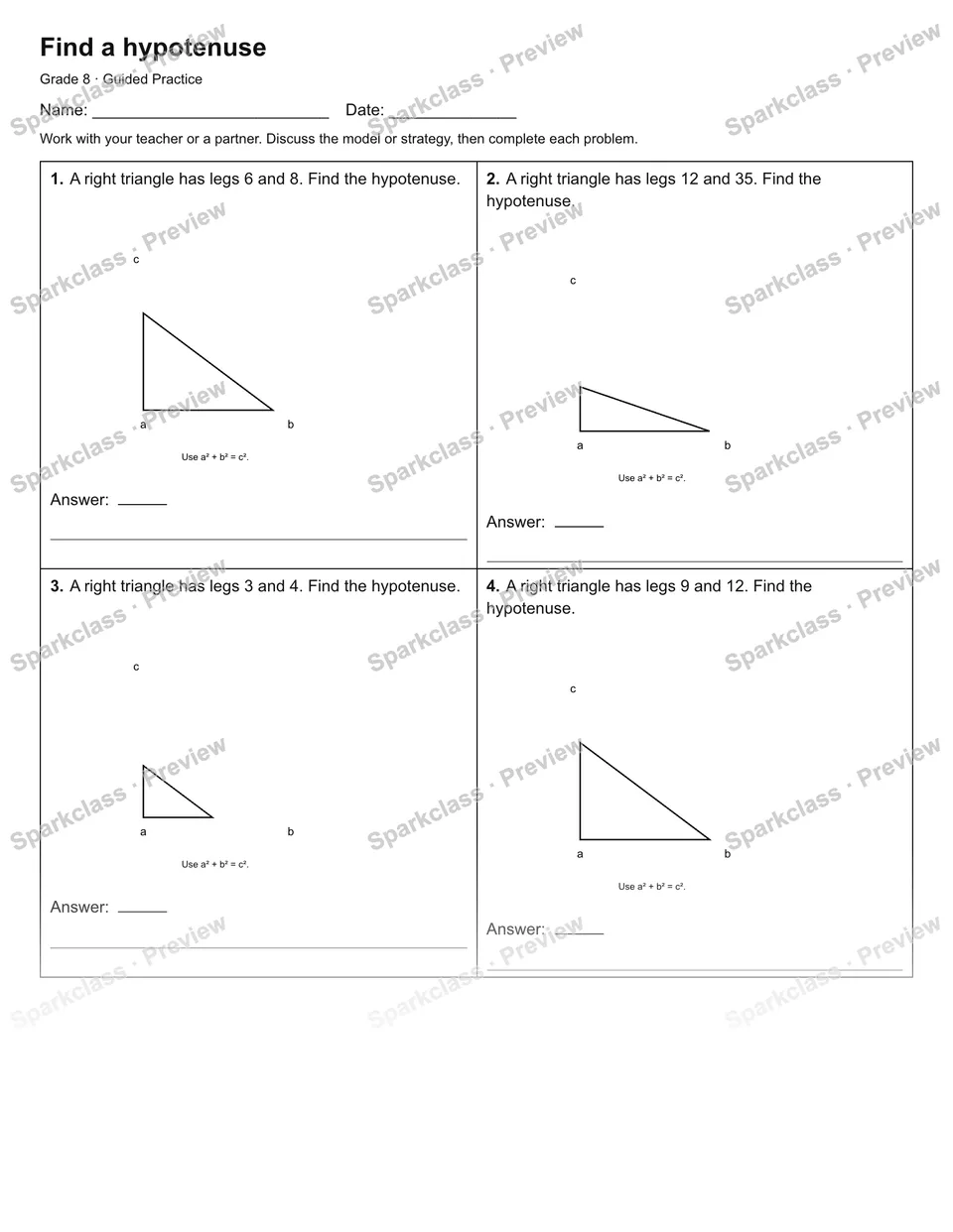 Find a hypotenuse — Guided Practice — Grade 8 worksheet preview