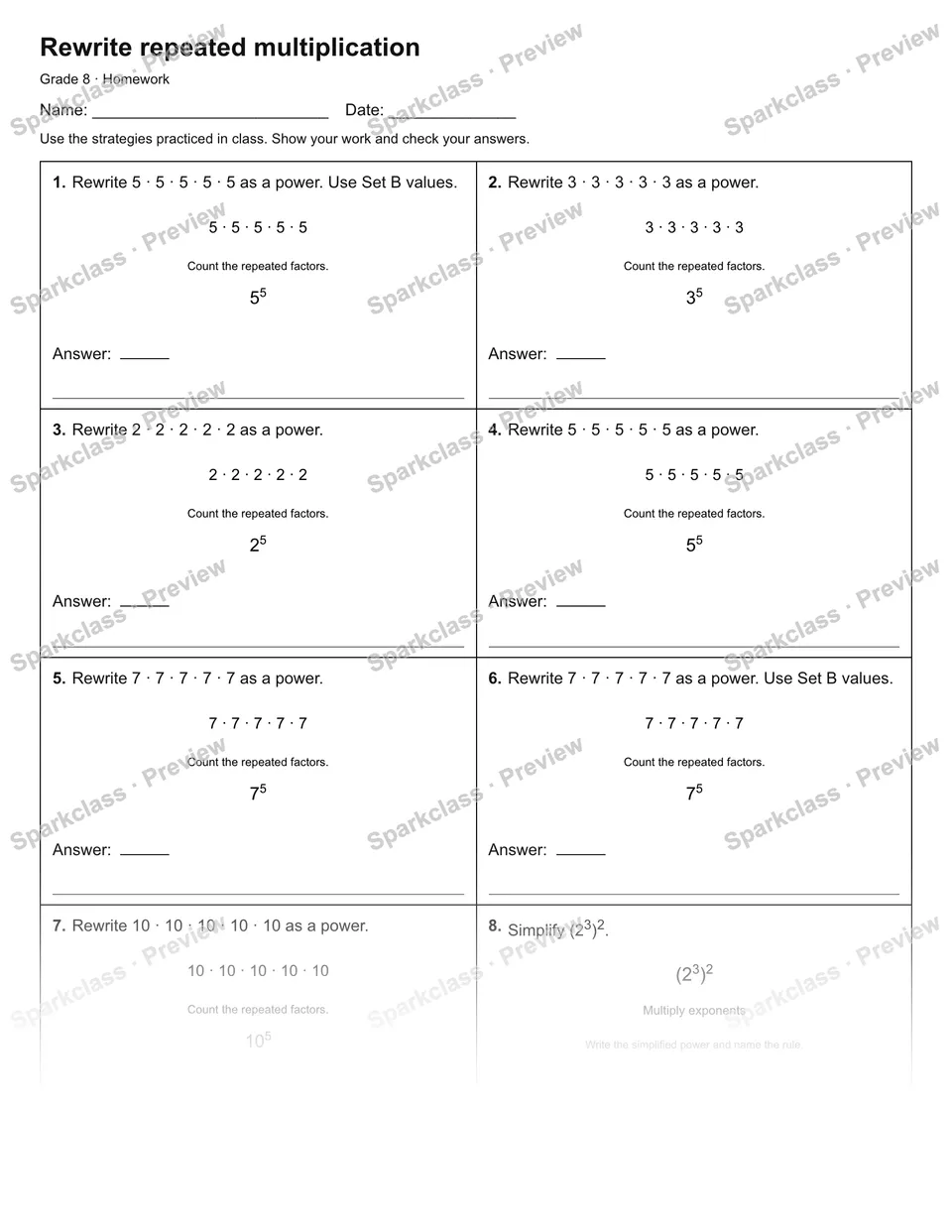 Rewrite repeated multiplication — Homework — Grade 8 worksheet preview