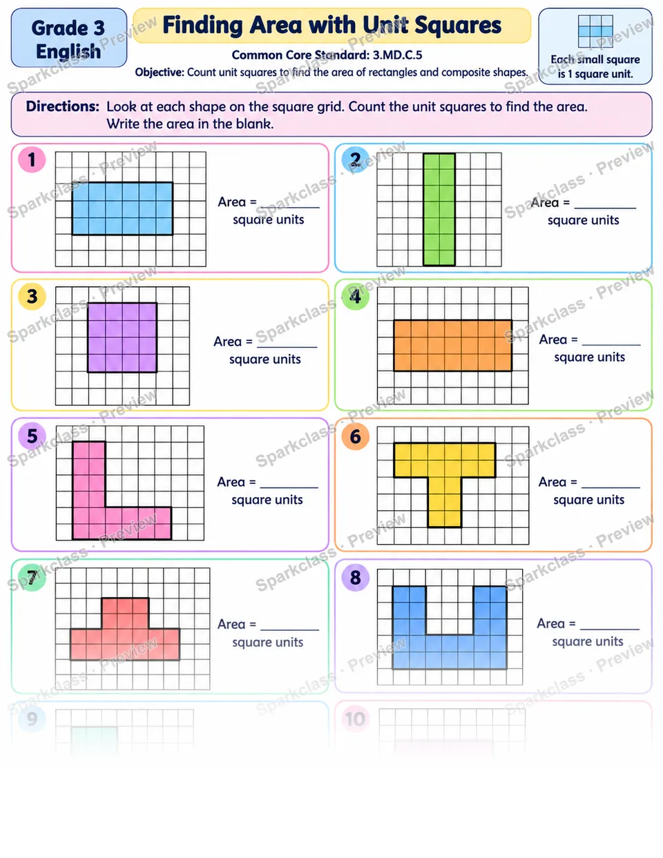 Count Square Units 01 — Grade 3 worksheet preview