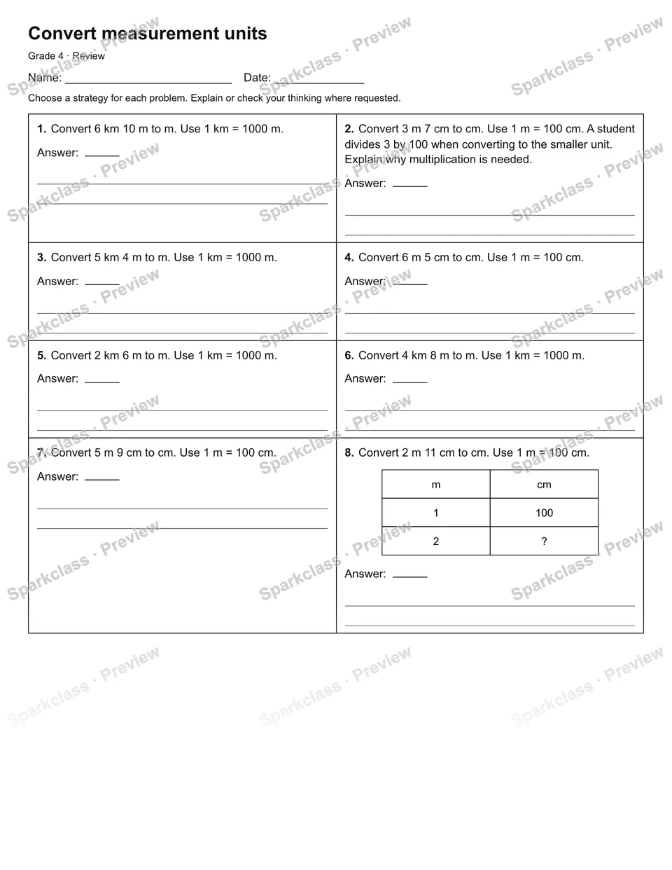 Convert measurement units — Review — Grade 4 worksheet preview
