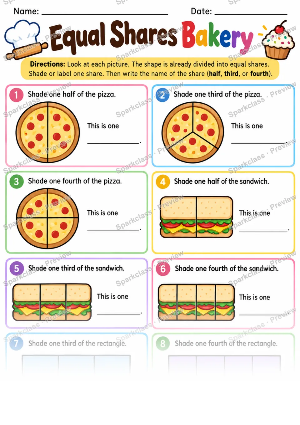 2.G.A.3 · Equal Shares Bakery — Grade 2 worksheet preview