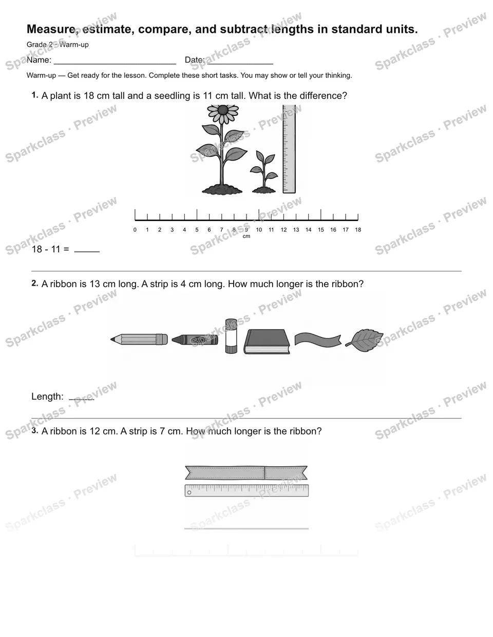 Measure, estimate, compare, and subtract lengths in standard units. — Warm-up — Grade 2 worksheet preview