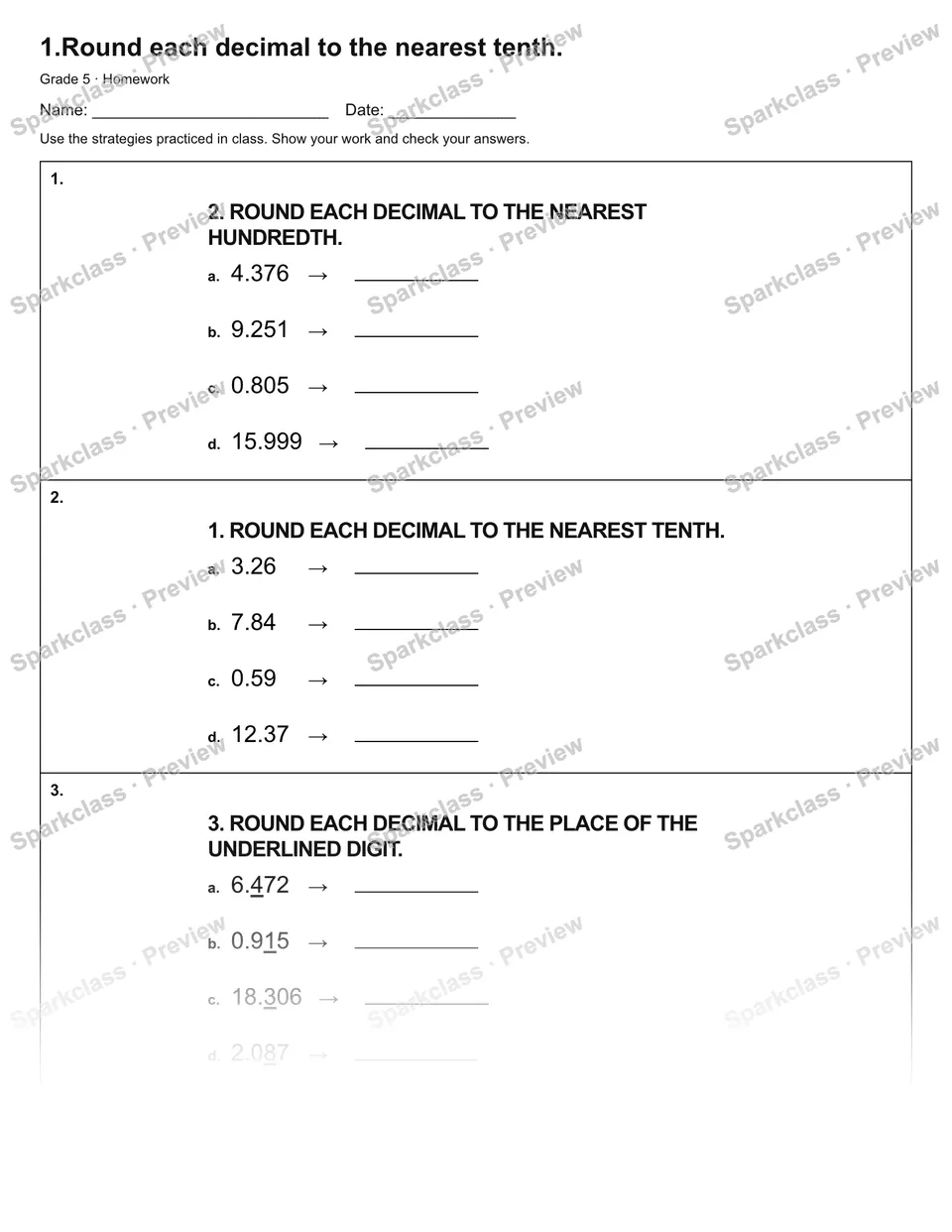 1.Round each decimal to the nearest tenth. — Homework — Grade 5 worksheet preview