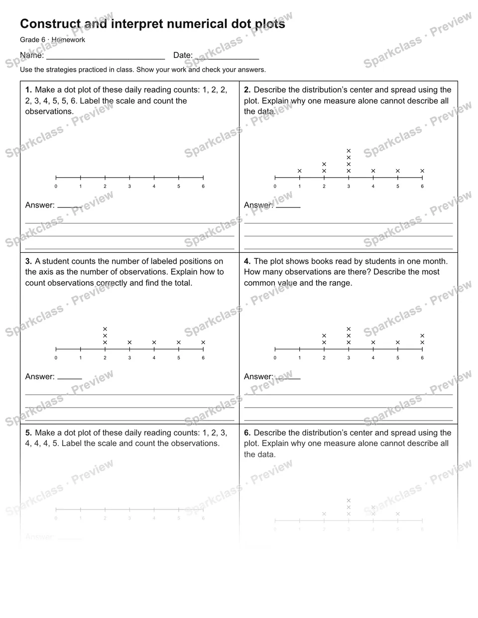 Construct and interpret numerical dot plots — Homework — Grade 6 worksheet preview