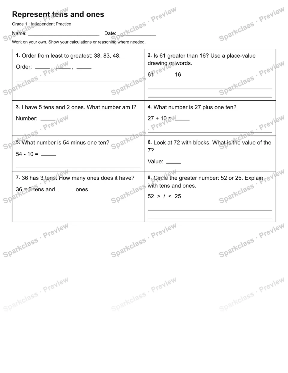 Represent tens and ones — Independent Practice — Grade 1 worksheet preview