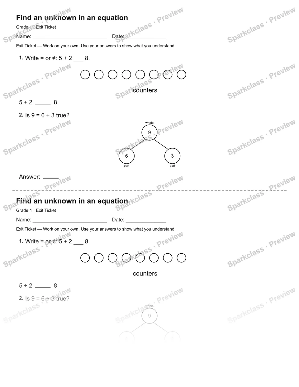 Find an unknown in an equation — Exit Ticket — Grade 1 worksheet preview