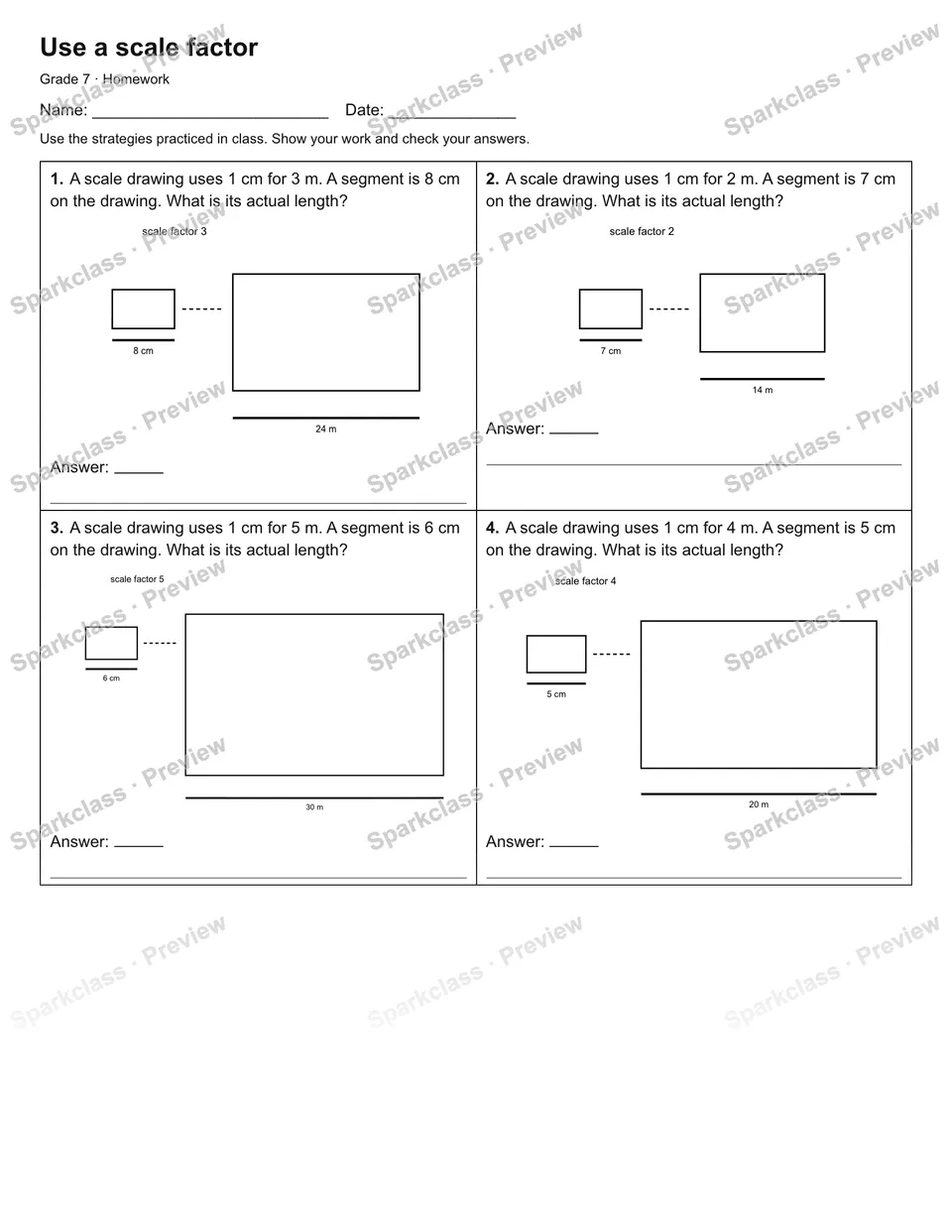 Use a scale factor — Homework — Grade 7 worksheet preview