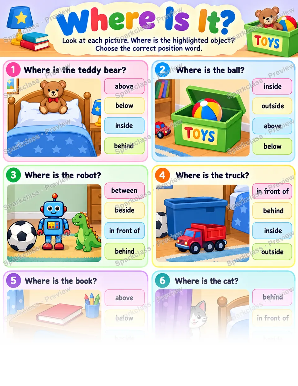 Where Is It? · Position Words — Kindergarten worksheet preview