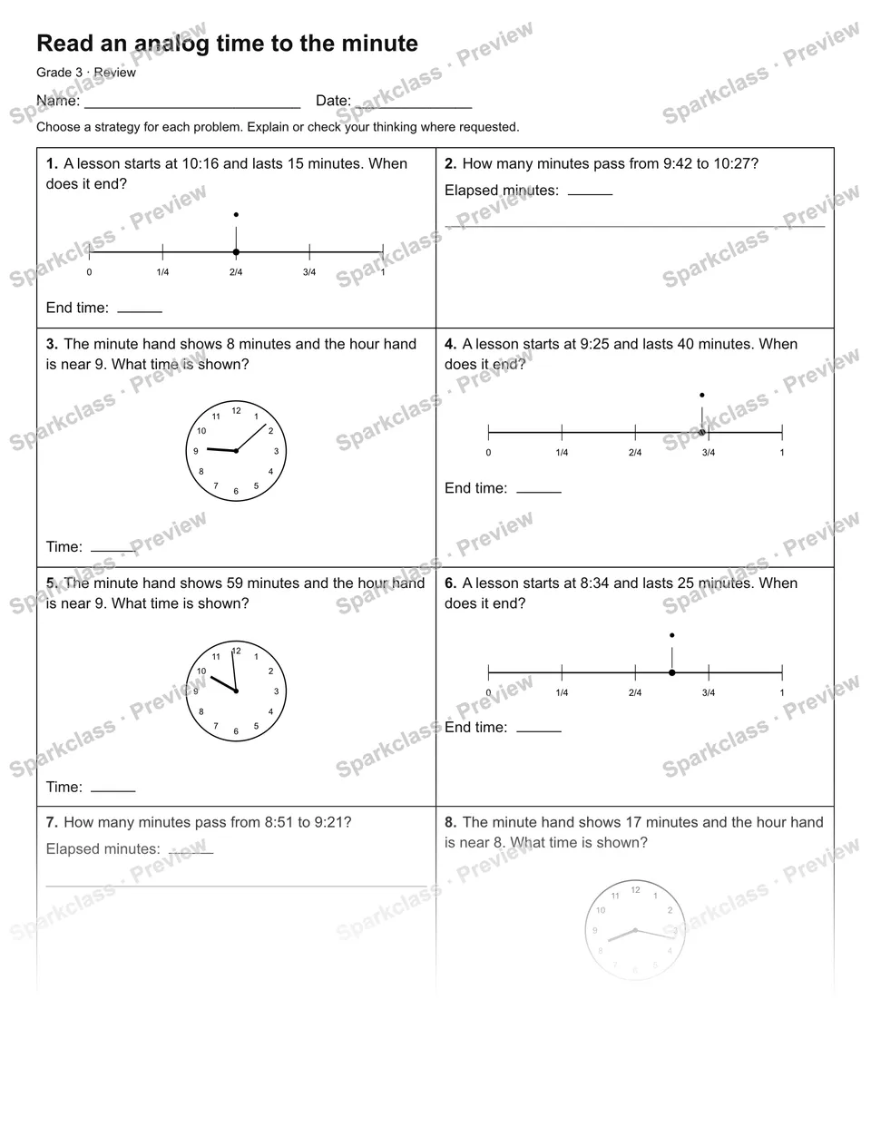 Read an analog time to the minute — Review — Grade 3 worksheet preview
