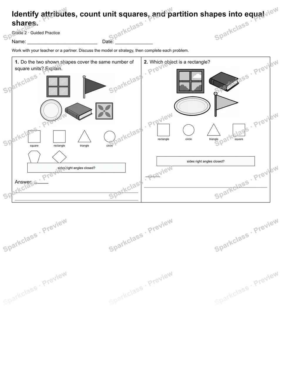 Identify attributes, count unit squares, and partition shapes into equal shares. — Guided Practice — Grade 2 worksheet preview