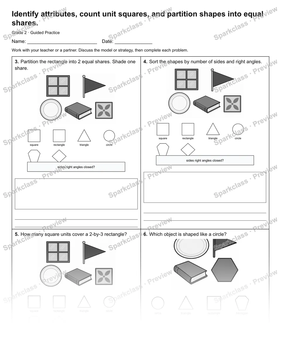 Identify attributes, count unit squares, and partition shapes into equal shares. — Guided Practice — page 2
