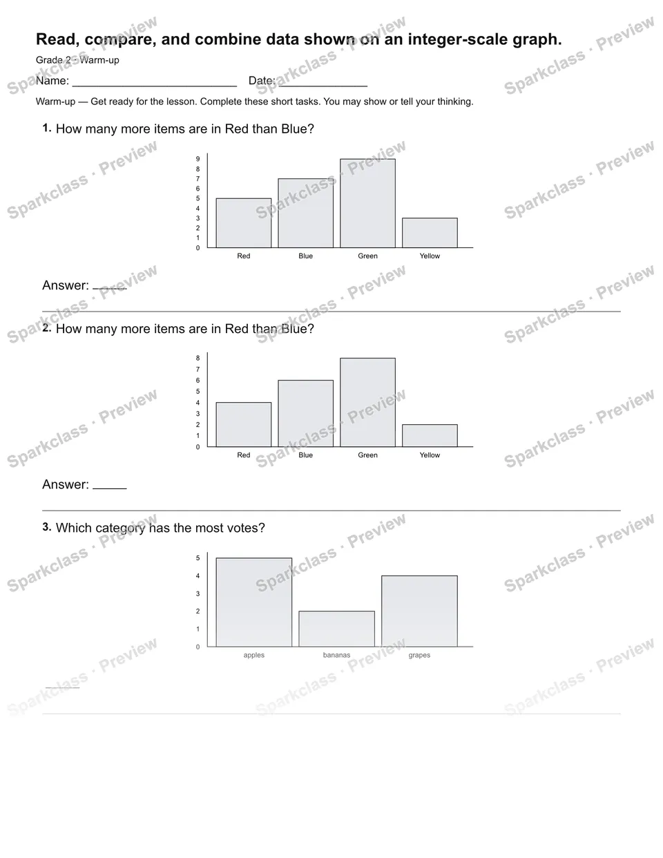 Read, compare, and combine data shown on an integer-scale graph. — Warm-up — page 2