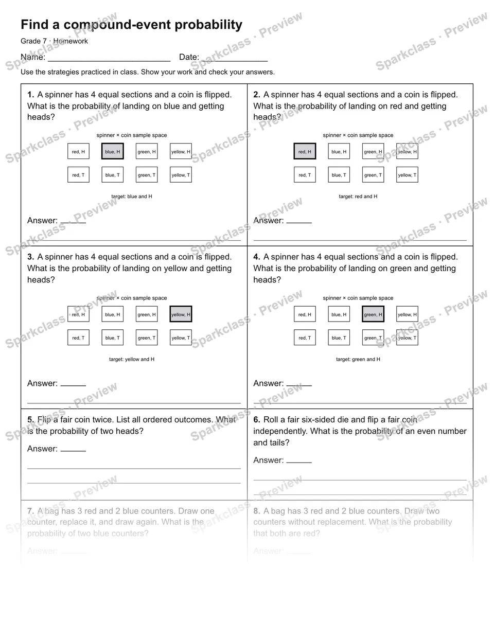 Find a compound-event probability — Homework — Grade 7 worksheet preview