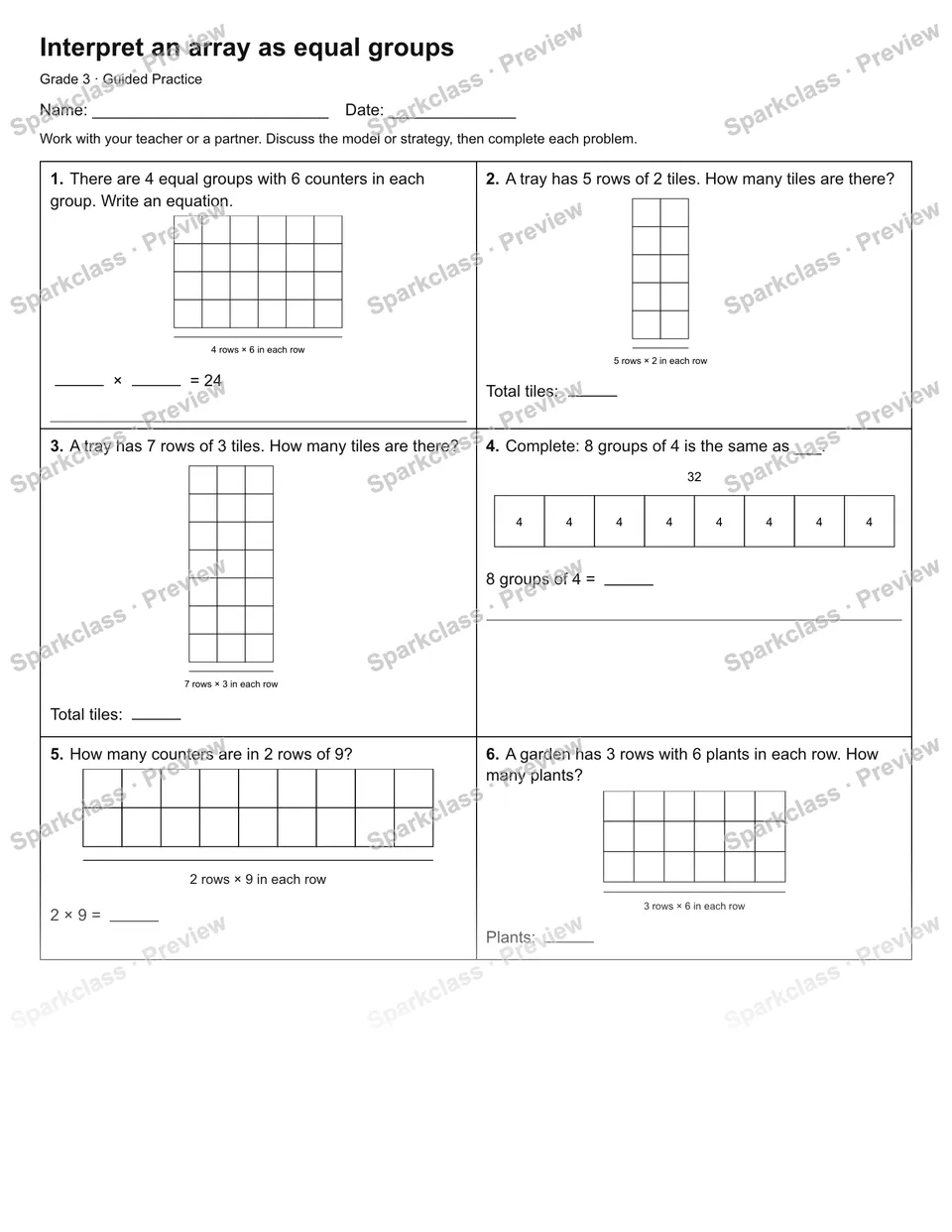 Interpret an array as equal groups — Guided Practice — Grade 3 worksheet preview
