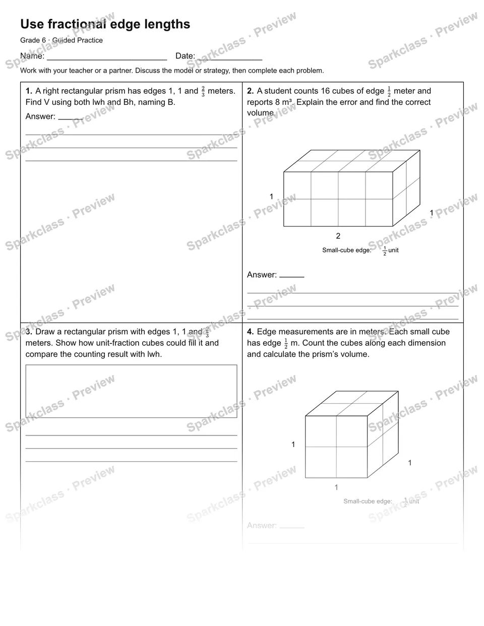 Use fractional edge lengths — Guided Practice — Grade 6 worksheet preview