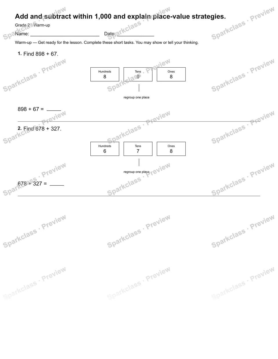 Add and subtract within 1,000 and explain place-value strategies. — Warm-up — page 2