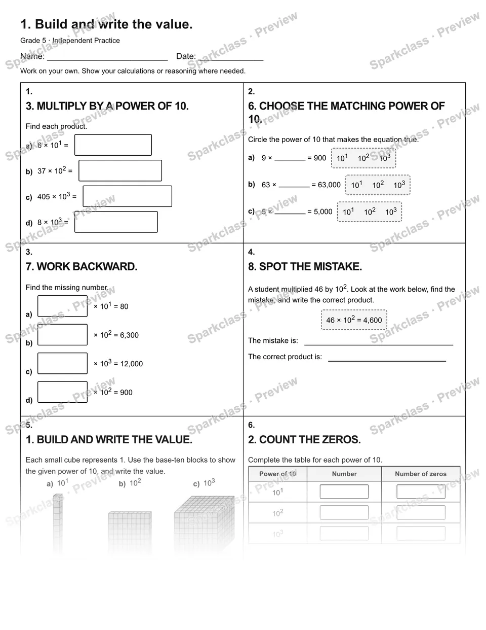 1. Build and write the value. — Independent Practice — Grade 5 worksheet preview