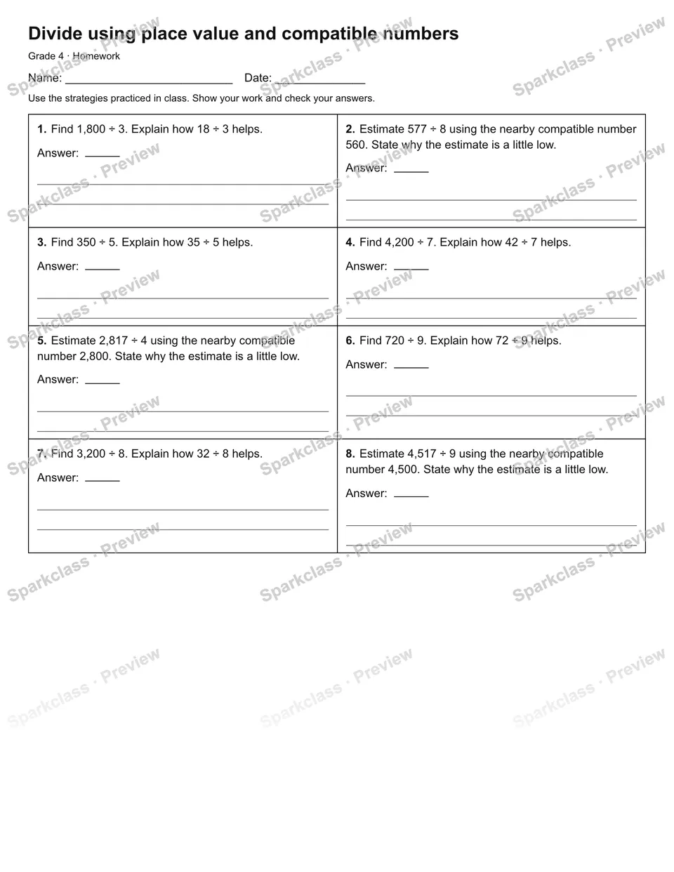 Divide using place value and compatible numbers — Homework — Grade 4 worksheet preview