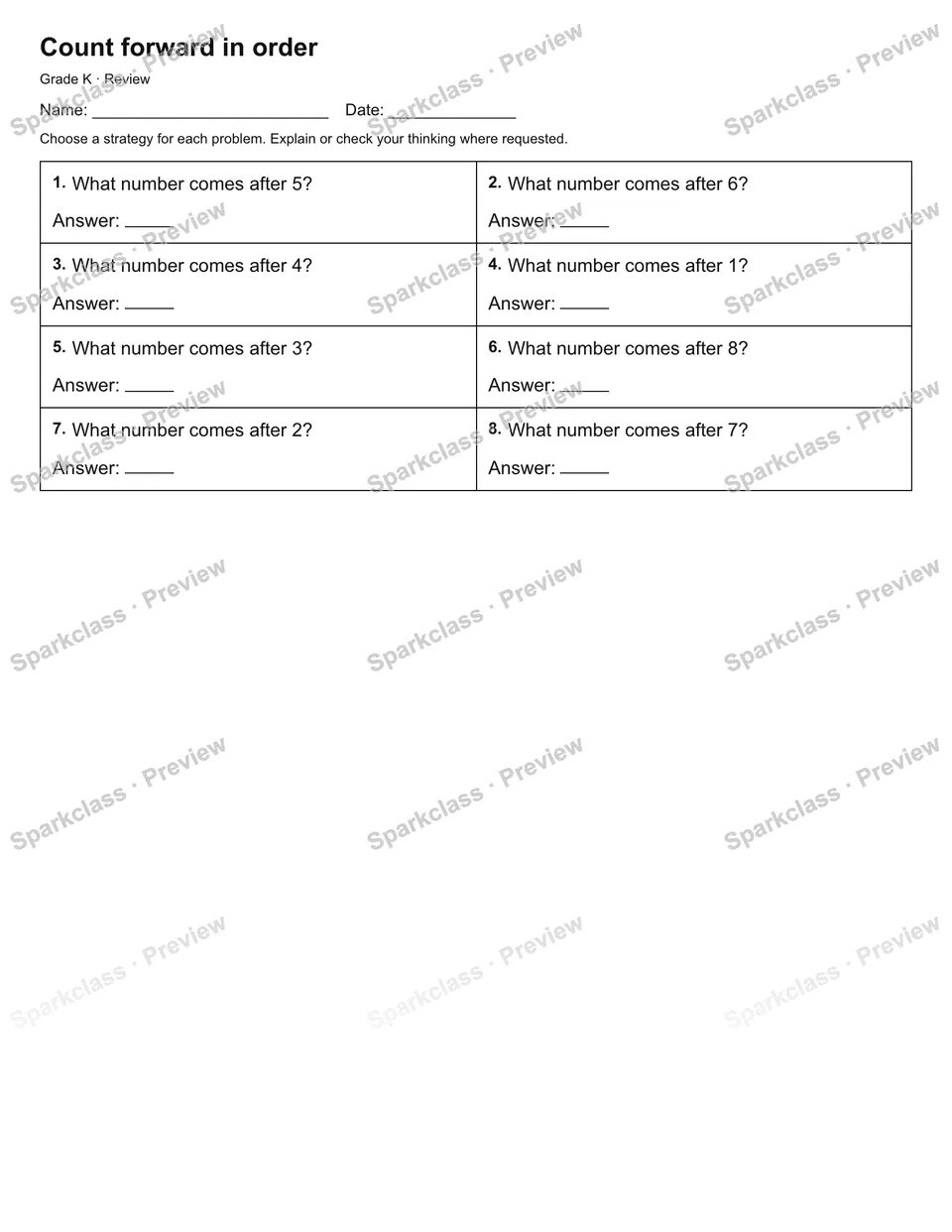 Count forward in order — Review — Kindergarten worksheet preview