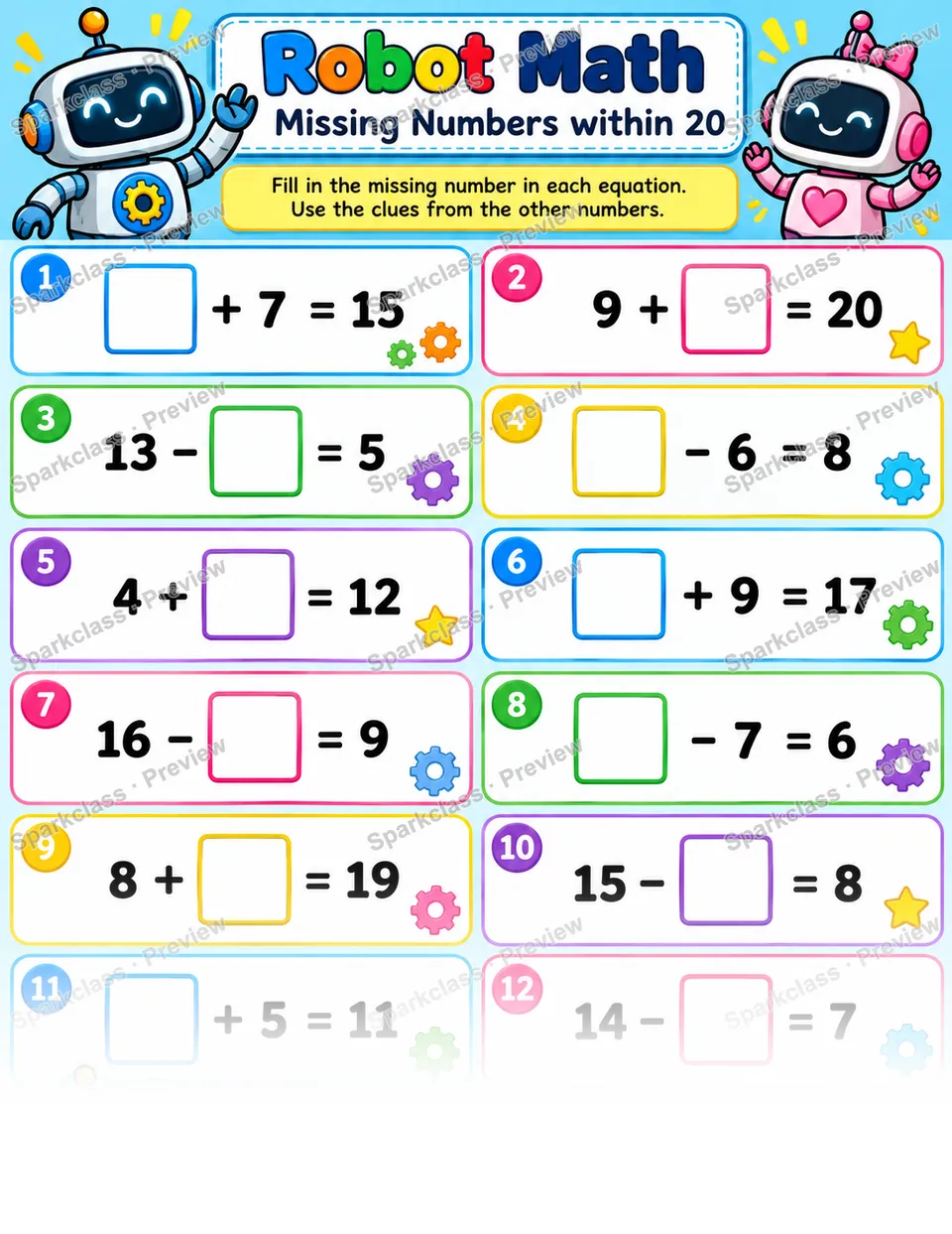 Box Equations — Grade 1 worksheet preview