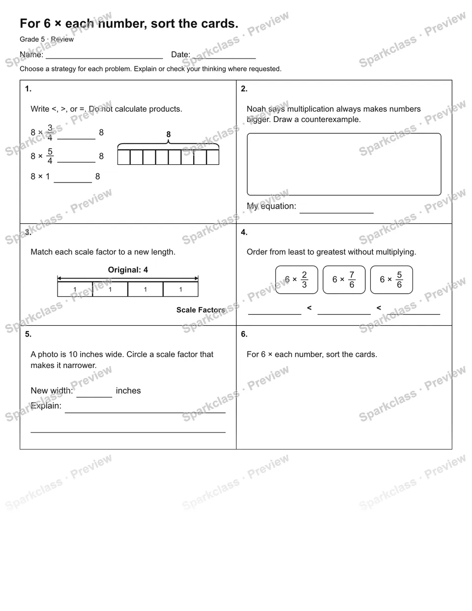 For 6 × each number, sort the cards. — Review — Grade 5 worksheet preview