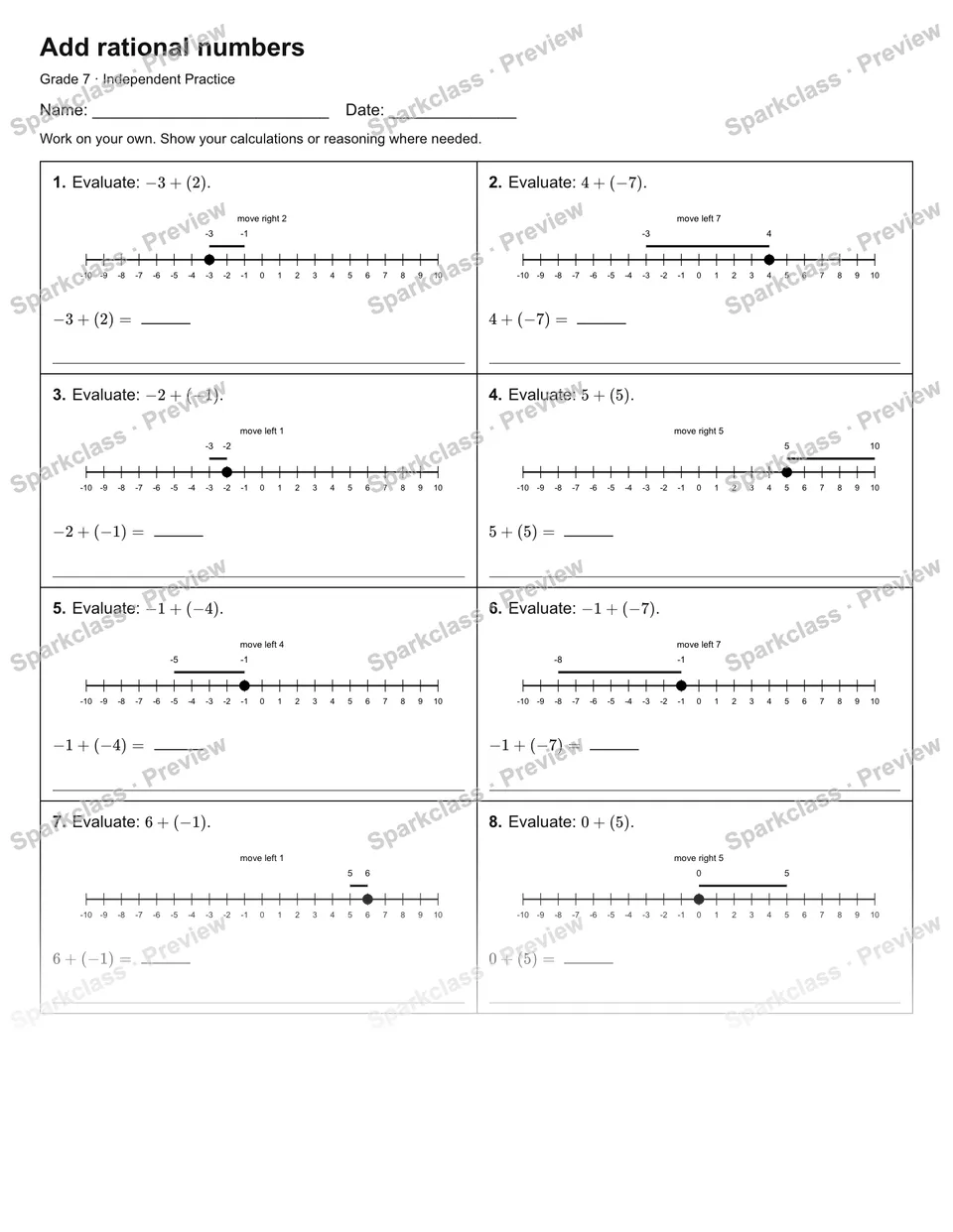 Add rational numbers — Independent Practice — Grade 7 worksheet preview