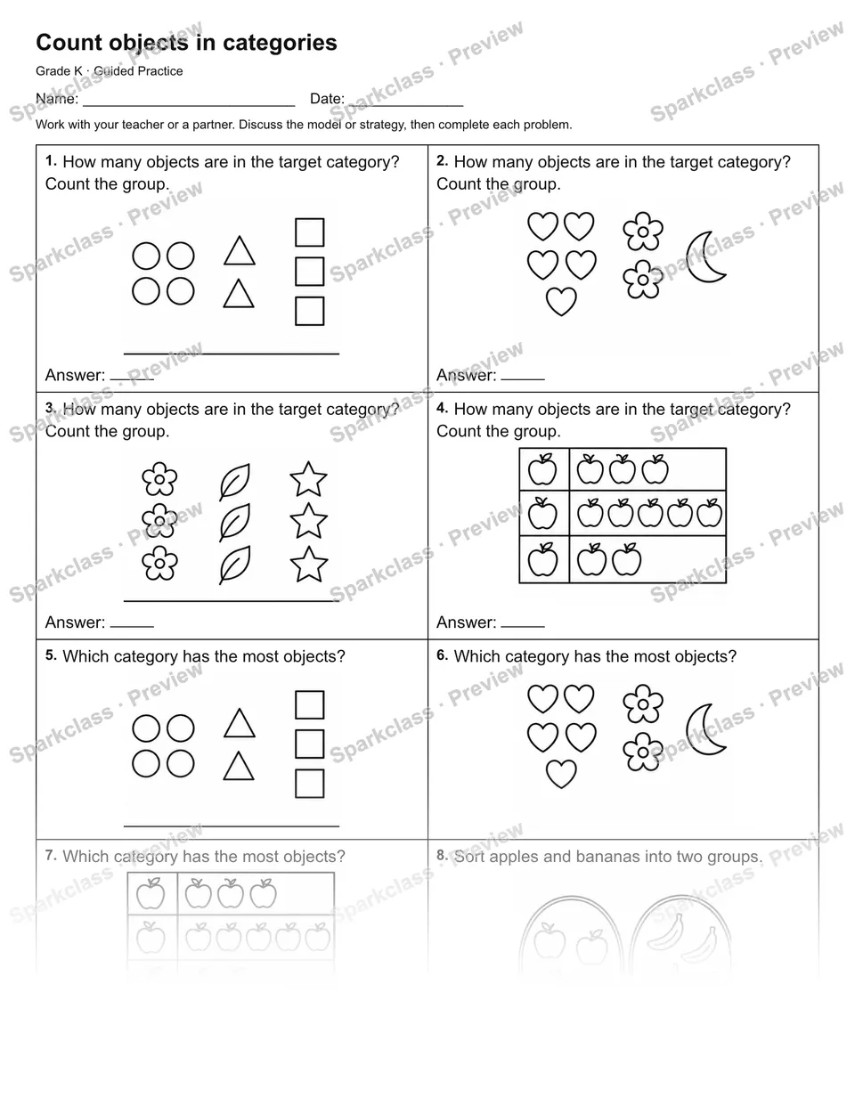 Count objects in categories — Guided Practice — Kindergarten worksheet preview