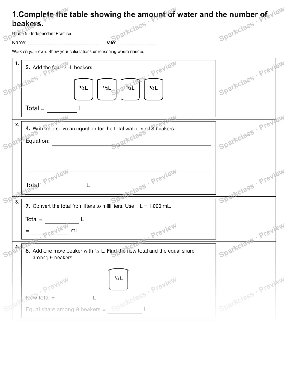 1.Complete the table showing the amount of water and the number of beakers. — Independent Practice — Grade 5 worksheet preview