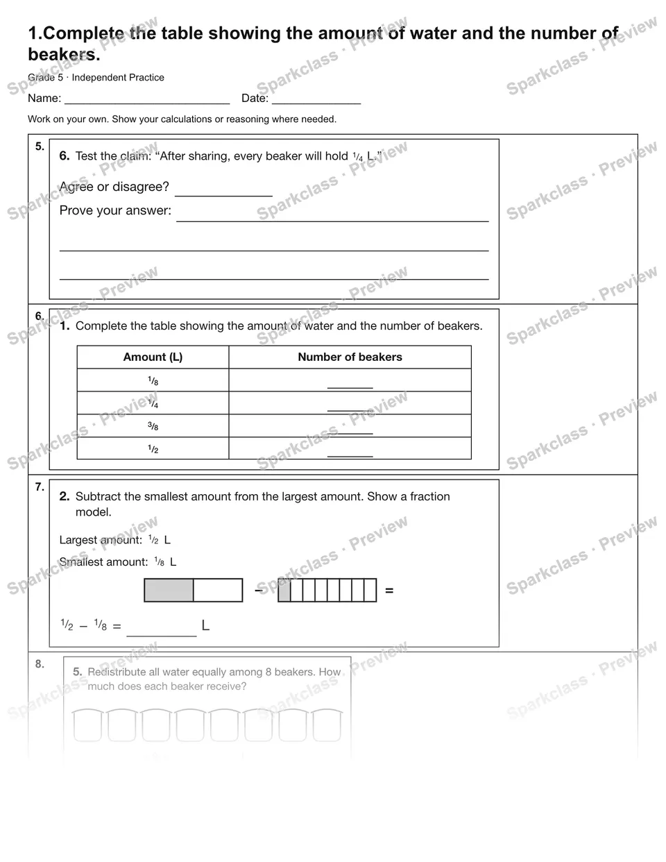 1.Complete the table showing the amount of water and the number of beakers. — Independent Practice — page 2
