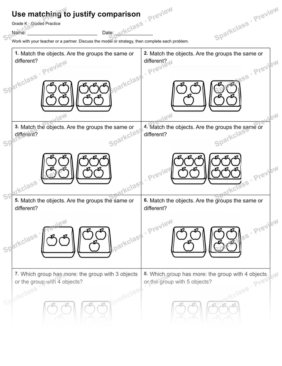 Use matching to justify comparison — Guided Practice — Kindergarten worksheet preview